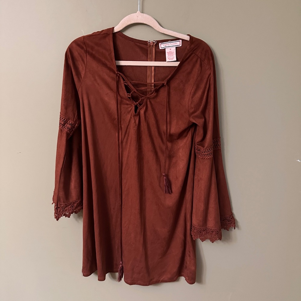 Flying Tomato Faux Suede Lace Up‎ Bell Sleeve Crochet Trim Mini Dress M Boho